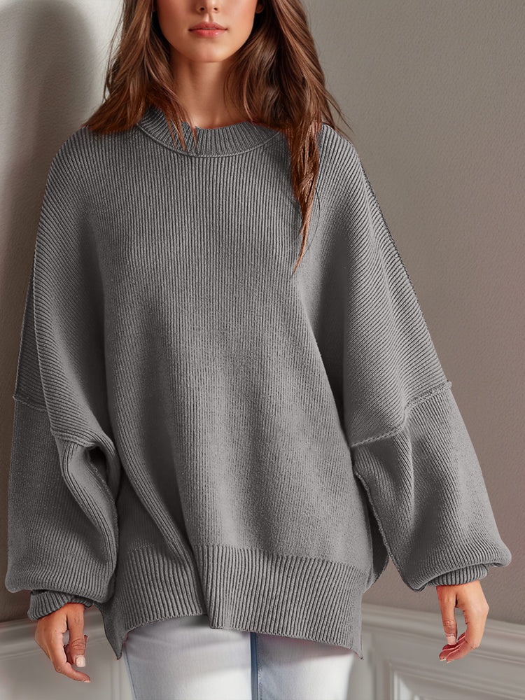 Double Take Side Slit Round Neck Long Sleeve Sweater - MyEmpired