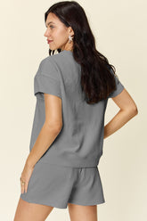 Double Take Full Size Texture Short Sleeve T-Shirt and Drawstring Shorts Set - MyEmpired