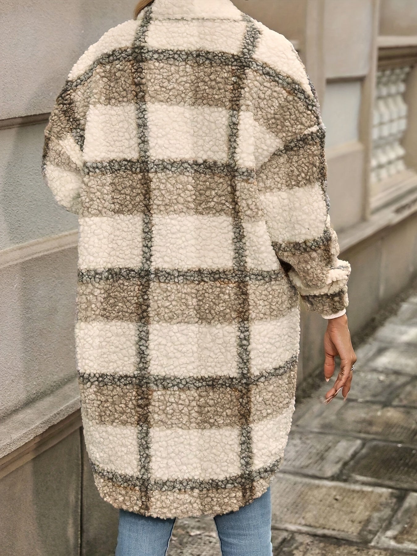 Plaid Pattern Button Front Fuzzy Jacket, Casual Thermal Long Sleeve Long Length Collar Coat For Fall & Winter, Women's Clothing