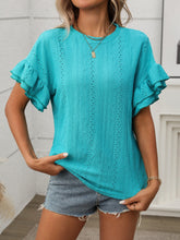 Eyelet Round Neck Flounce Sleeve Top - MyEmpired
