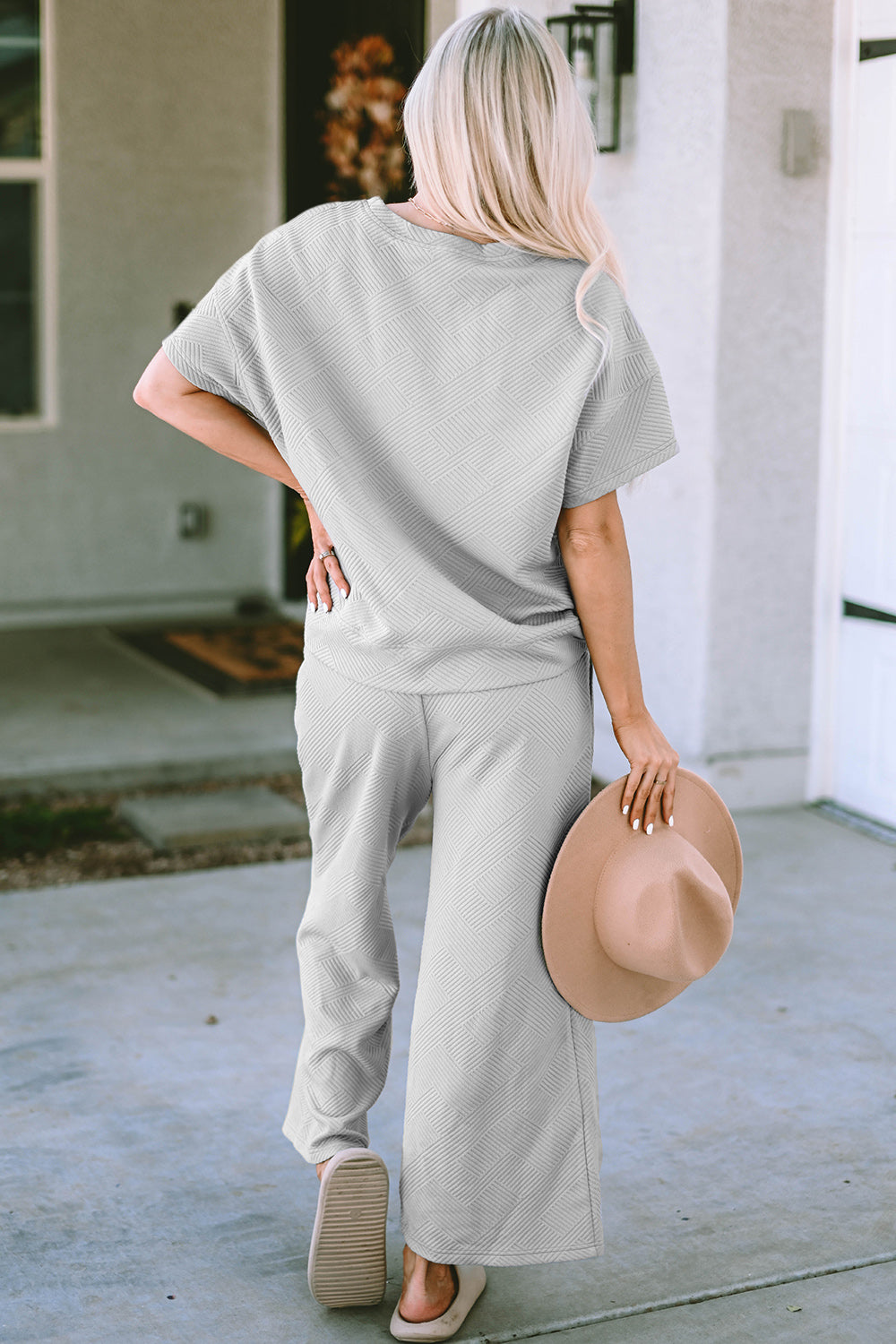 Double Take Full Size Texture Short Sleeve Top and Pants Set - MyEmpired