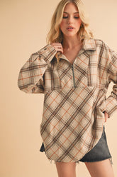 Aemi + Co Slit Plaid Half Zip Drop Shoulder Top - MyEmpired