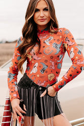 Printed Mock Neck Long Sleeve Bodysuit - MyEmpired