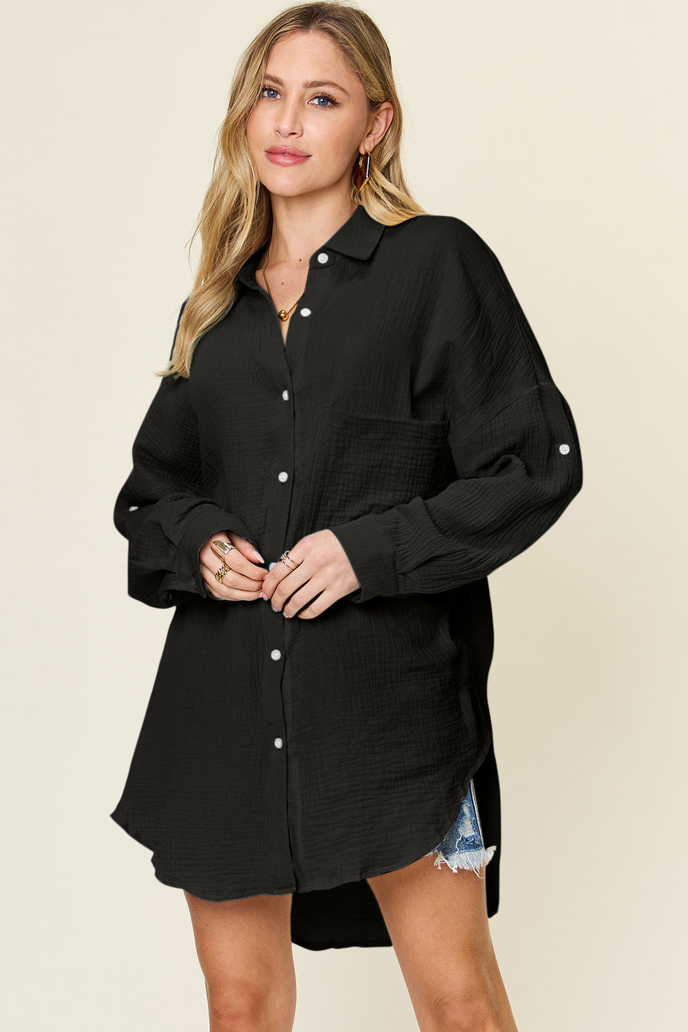 Double Take Full Size Pocketed Texture Button Up Shirt - MyEmpired