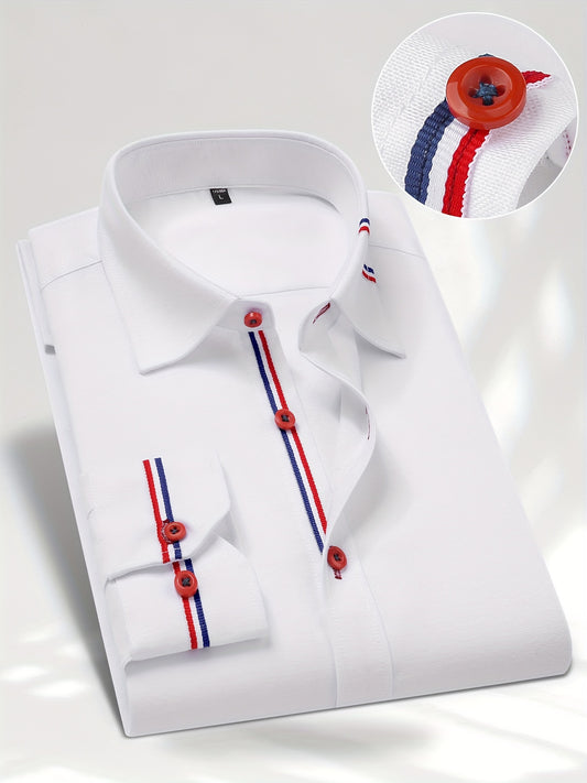 Men's Contrast Striped Design Lapel Collar Design Dress Shirts, Long Sleeve Casual Button Up Shirt For Formal Occasions