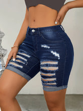 Ripped Roll Up Hem Denim Shorts, Distressed Slash Pocket Denim Shorts, Women&