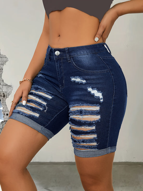 Ripped Roll Up Hem Denim Shorts, Distressed Slash Pocket Denim Shorts, Women&