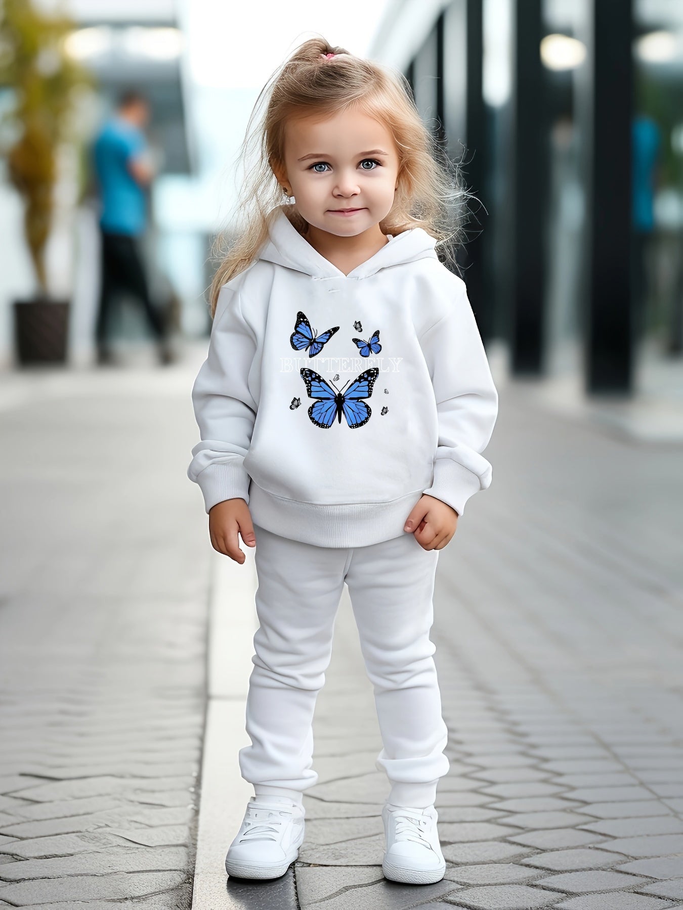 1set Girls' Casual Polyester Sweatshirt and Pants Set with Butterfly Applique, Knit Hoodie and Long Pants Outfit for Spring/Autumn, for Outdoor