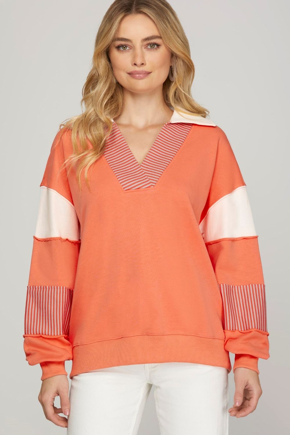 She + Sky Full Size Color Block Sleeve Johnny Collar French Terry Sweatshirt Plus Size - MyEmpired