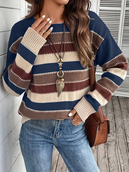 Color Block Crew Neck Sweater, Vintage Long Sleeve Sweater For Fall & Winter, Women's Clothing