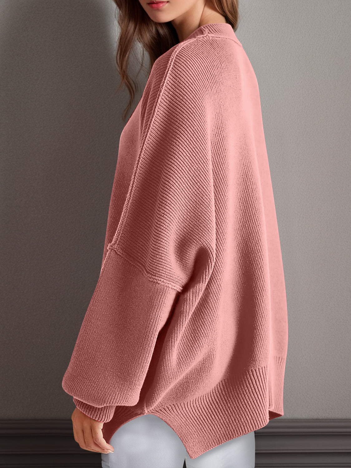 Double Take Side Slit Round Neck Long Sleeve Sweater - MyEmpired