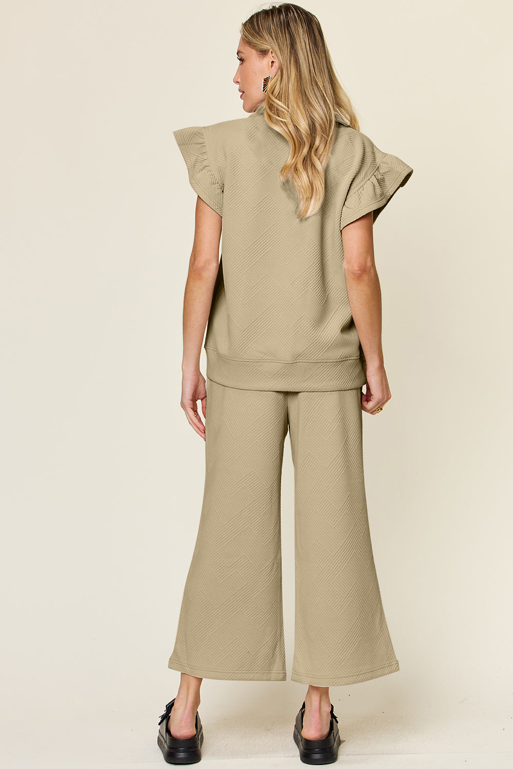 Double Take Texture Ruffle Short Sleeve Top and Drawstring Wide Leg Pants Set - MyEmpired