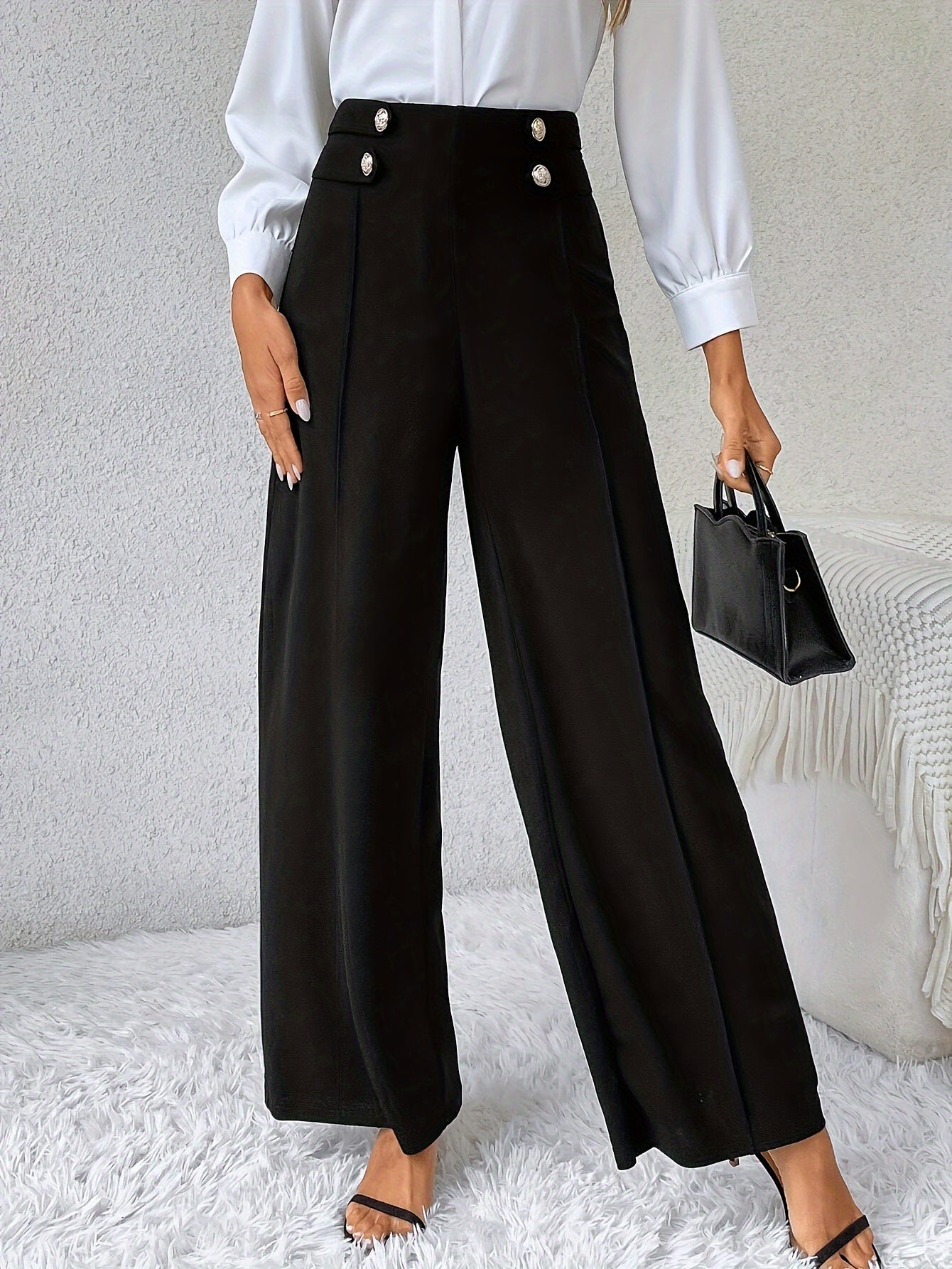 Women's Fashion Wide-Leg Trousers, Double-Button Design, Elegant Long Pants, Solid Color, Polyester, Regular Fit, All-Season, Adult Size, Woven Fabric