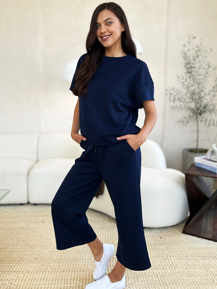 Double Take Full Size Texture Short Sleeve Top and Pants Set - MyEmpired