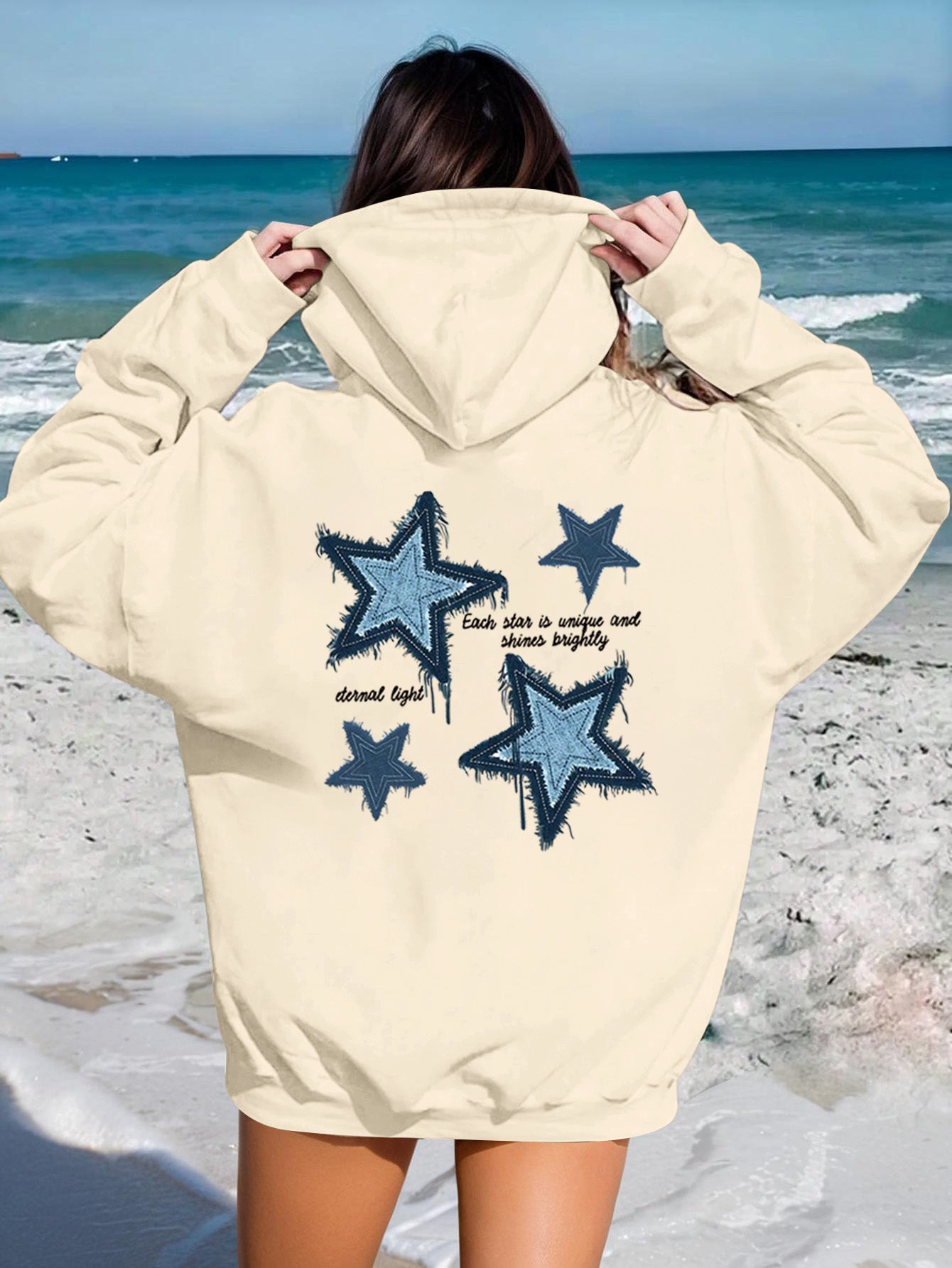 Girls' Cozy Apricot Hoodie with Star Print - Casual Long Sleeve Pullover, Perfect for Fall & Spring