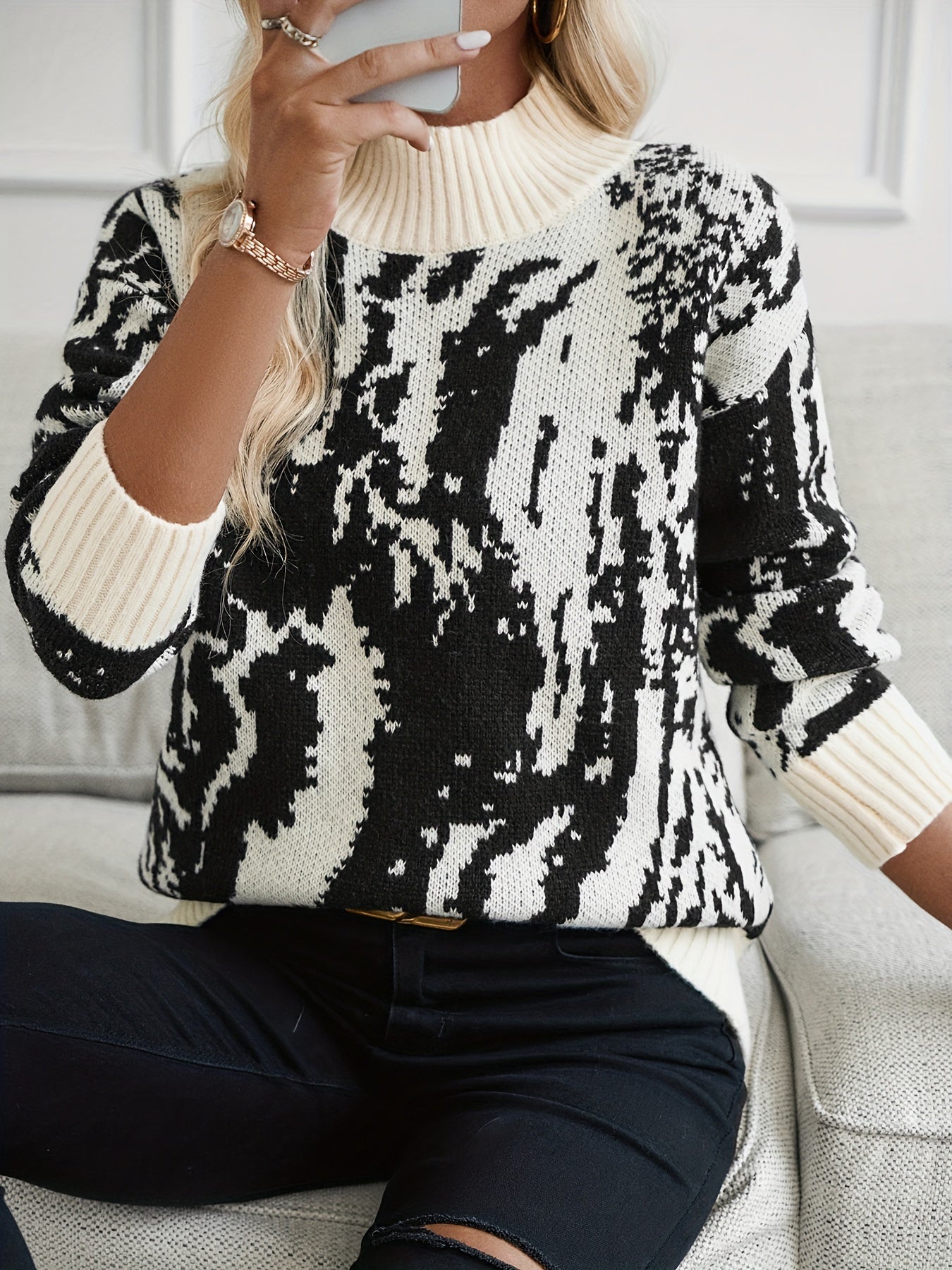 Zebra Striped Mock Neck Sweater, Elegant Long Sleeve Sweater For Fall & Winter, Women's Clothing