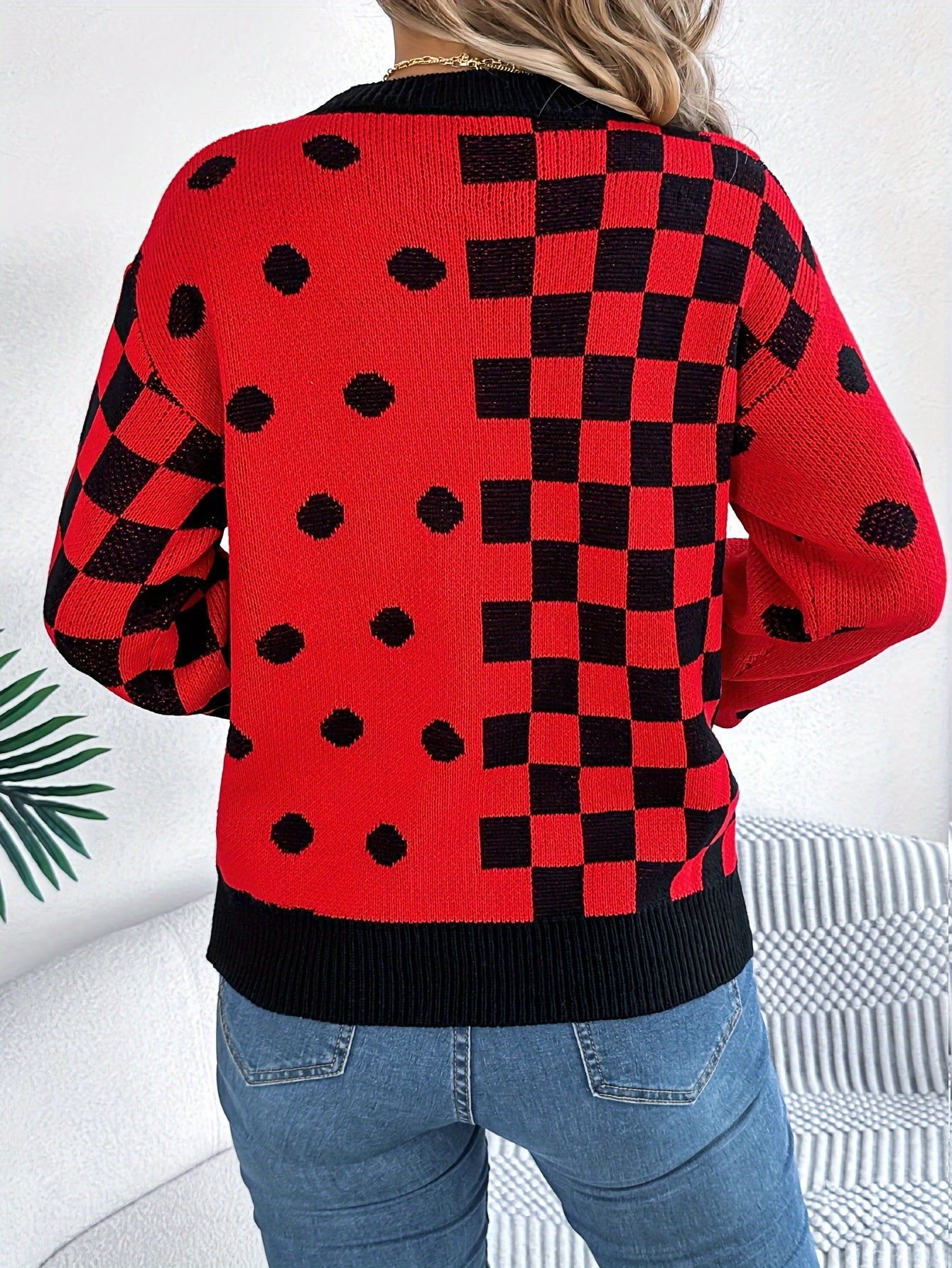 Plaid & Dot Pattern Crew Neck Sweater, Versatile Contrast Trim Lantern Sleeve Sweater For Fall & Winter, Women's Clothing