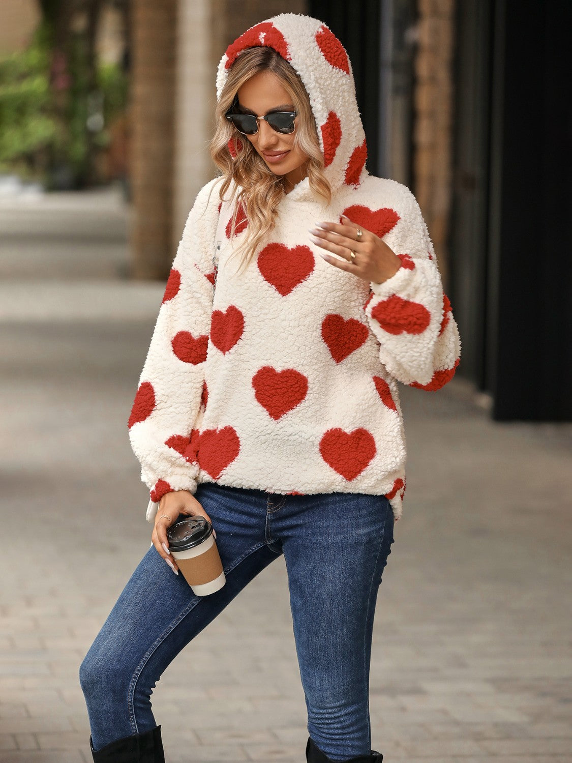 Fuzzy Heart Pocketed Dropped Shoulder Hoodie - MyEmpired