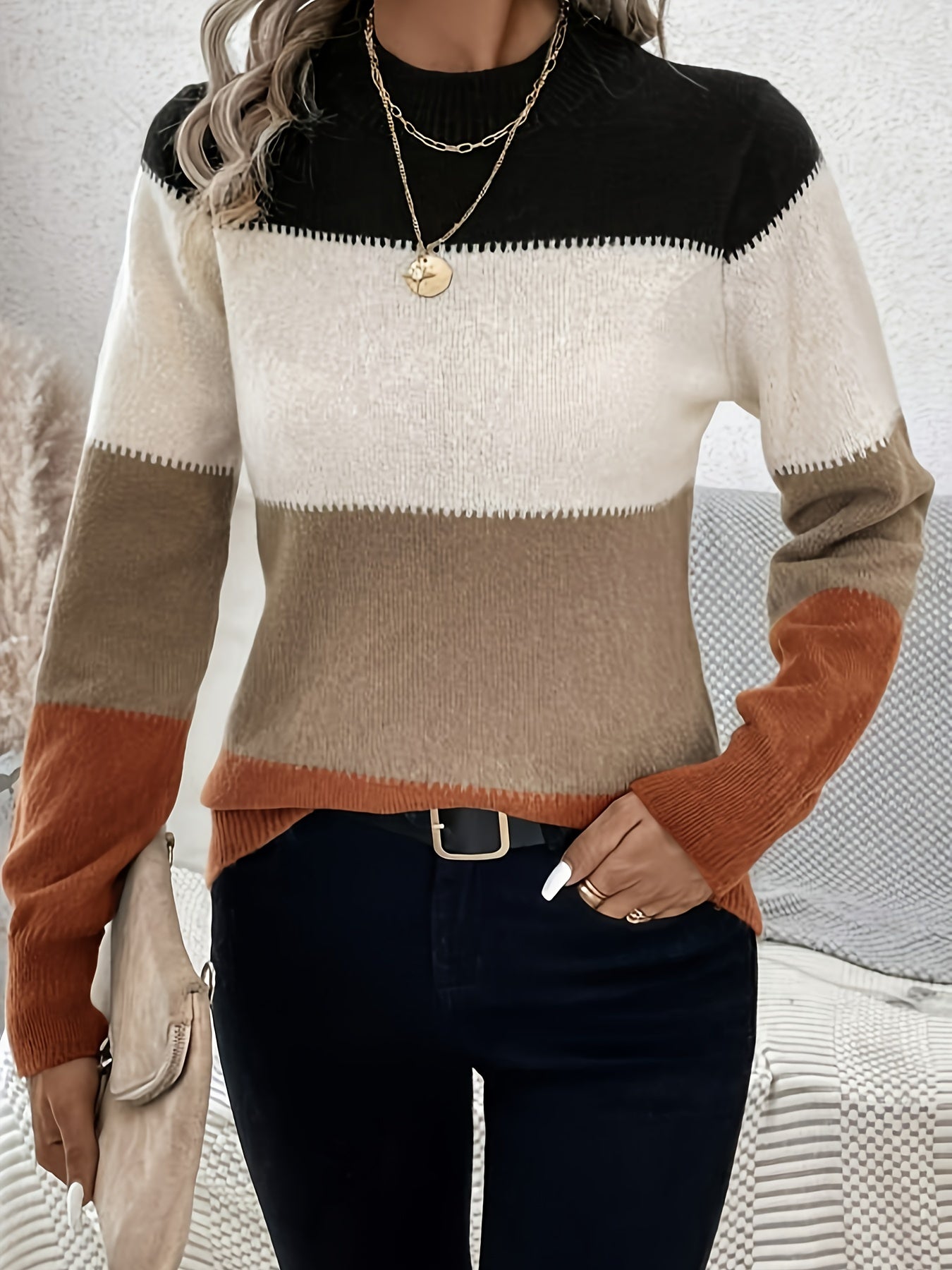 Color Block Mock Neck Pullover Sweater, Casual Long Sleeve Simple Sweater, Women's Clothing