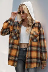 Double Take Drawstring Plaid Long Sleeve Hooded Shacket - MyEmpired