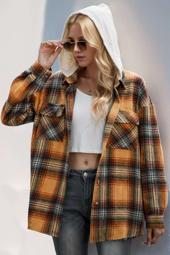 Double Take Drawstring Plaid Long Sleeve Hooded Shacket - MyEmpired