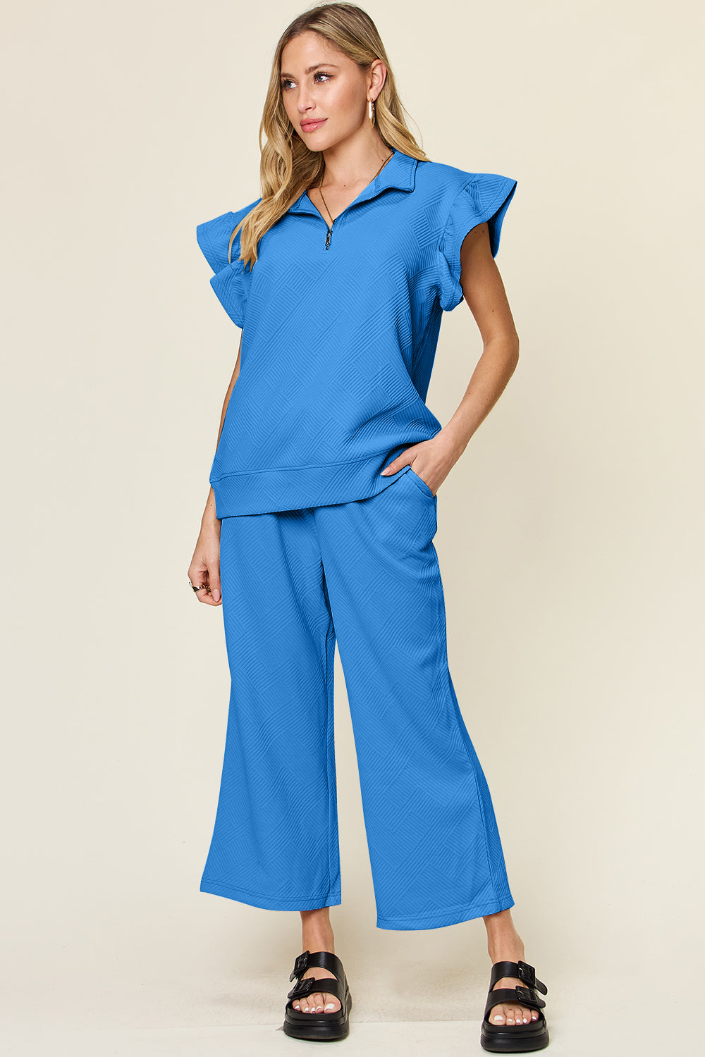 Double Take Texture Ruffle Short Sleeve Top and Drawstring Wide Leg Pants Set - MyEmpired