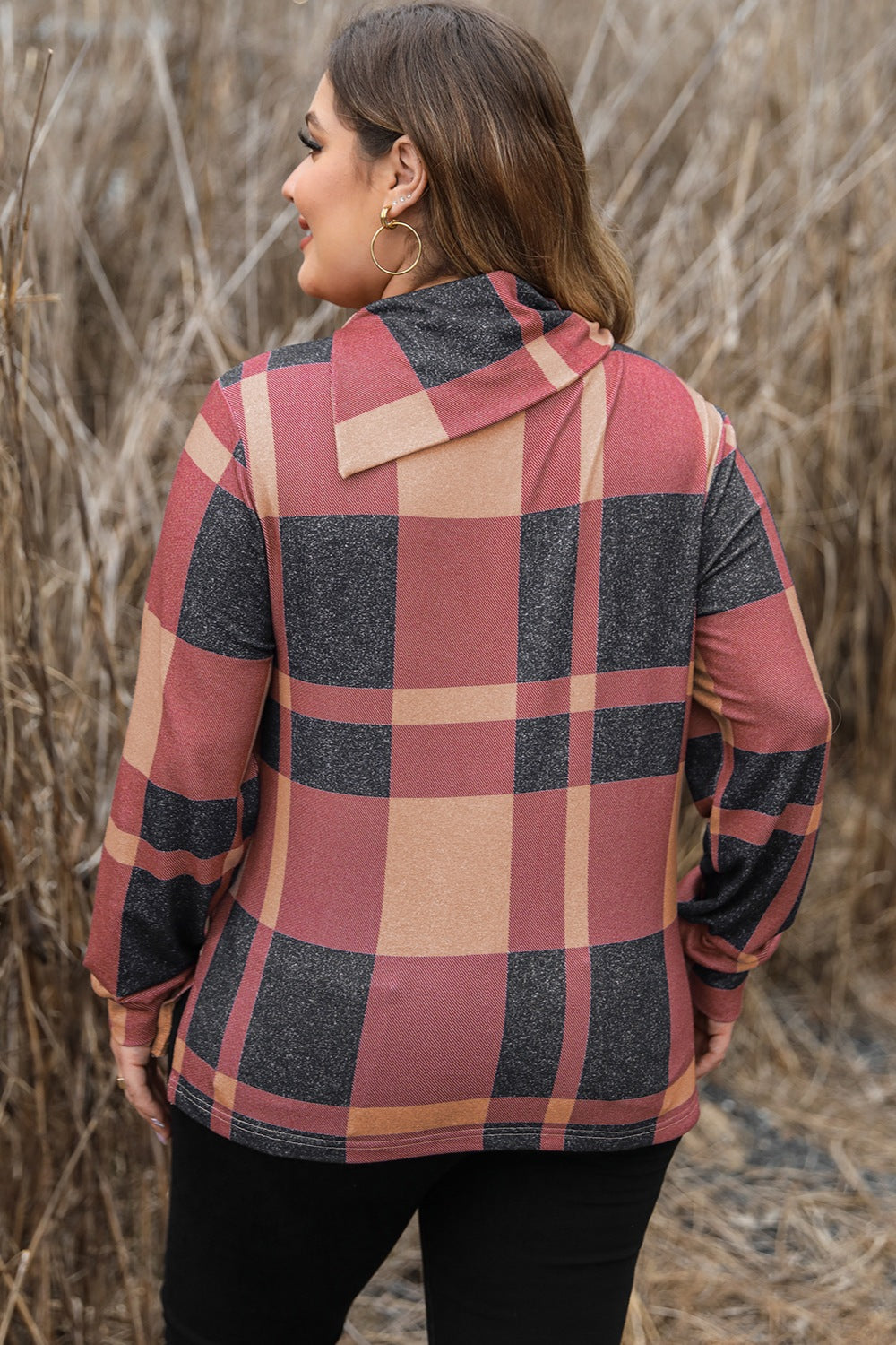 Plus Size Plaid Cowl Neck Long Sleeve Sweatshirt - MyEmpired