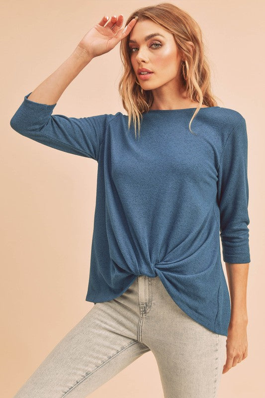 Aemi + Co Twist Front Round Neck 3/4 Sleeve T-Shirt - MyEmpired