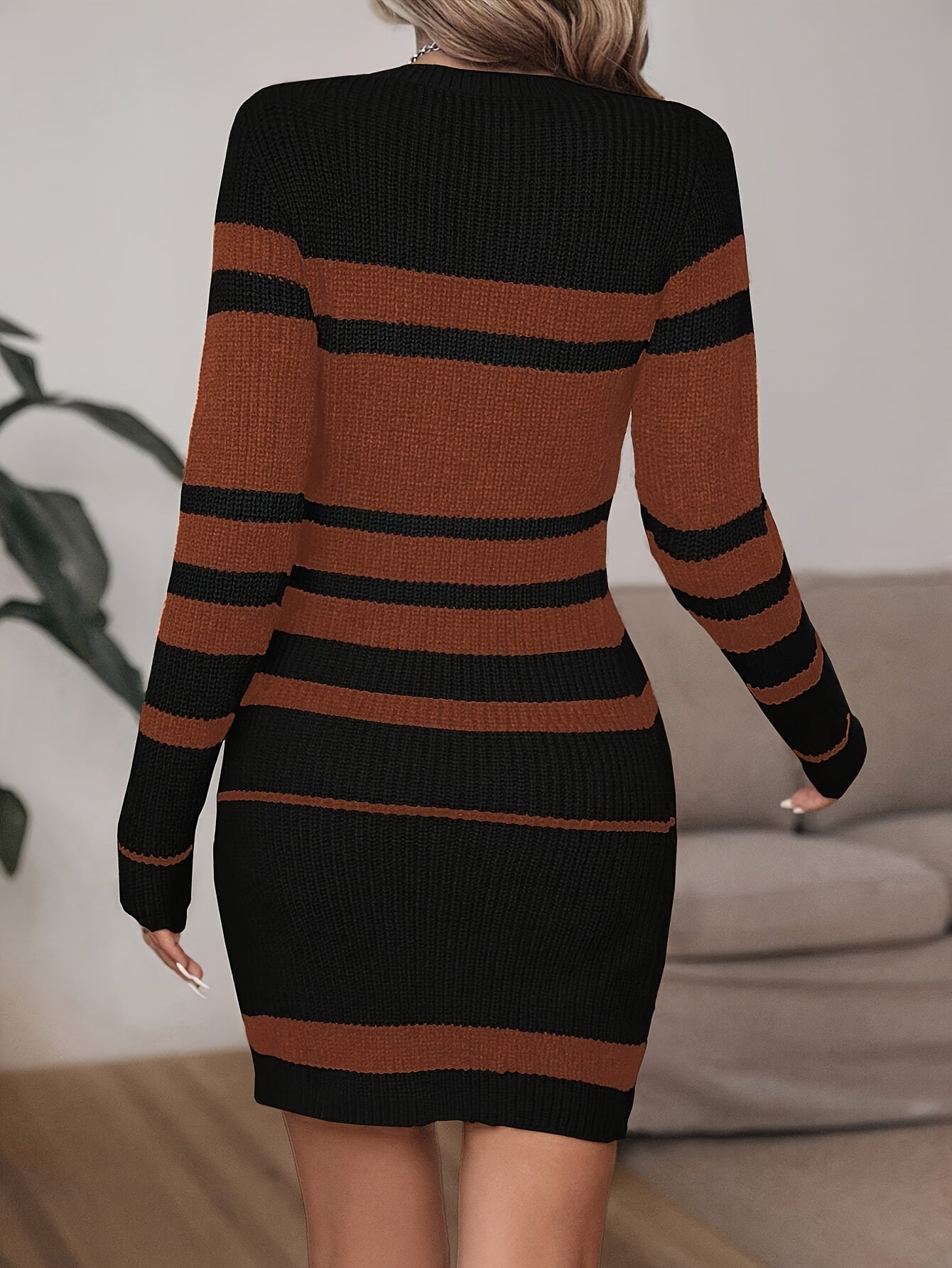 Women's Casual Striped Knit Sweater Dress - Crew Neck Long Sleeve Acrylic Ribbed H-Line Mini Dress