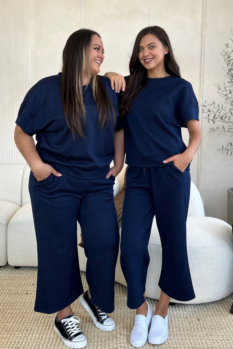 Double Take Full Size Texture Short Sleeve Top and Pants Set - MyEmpired