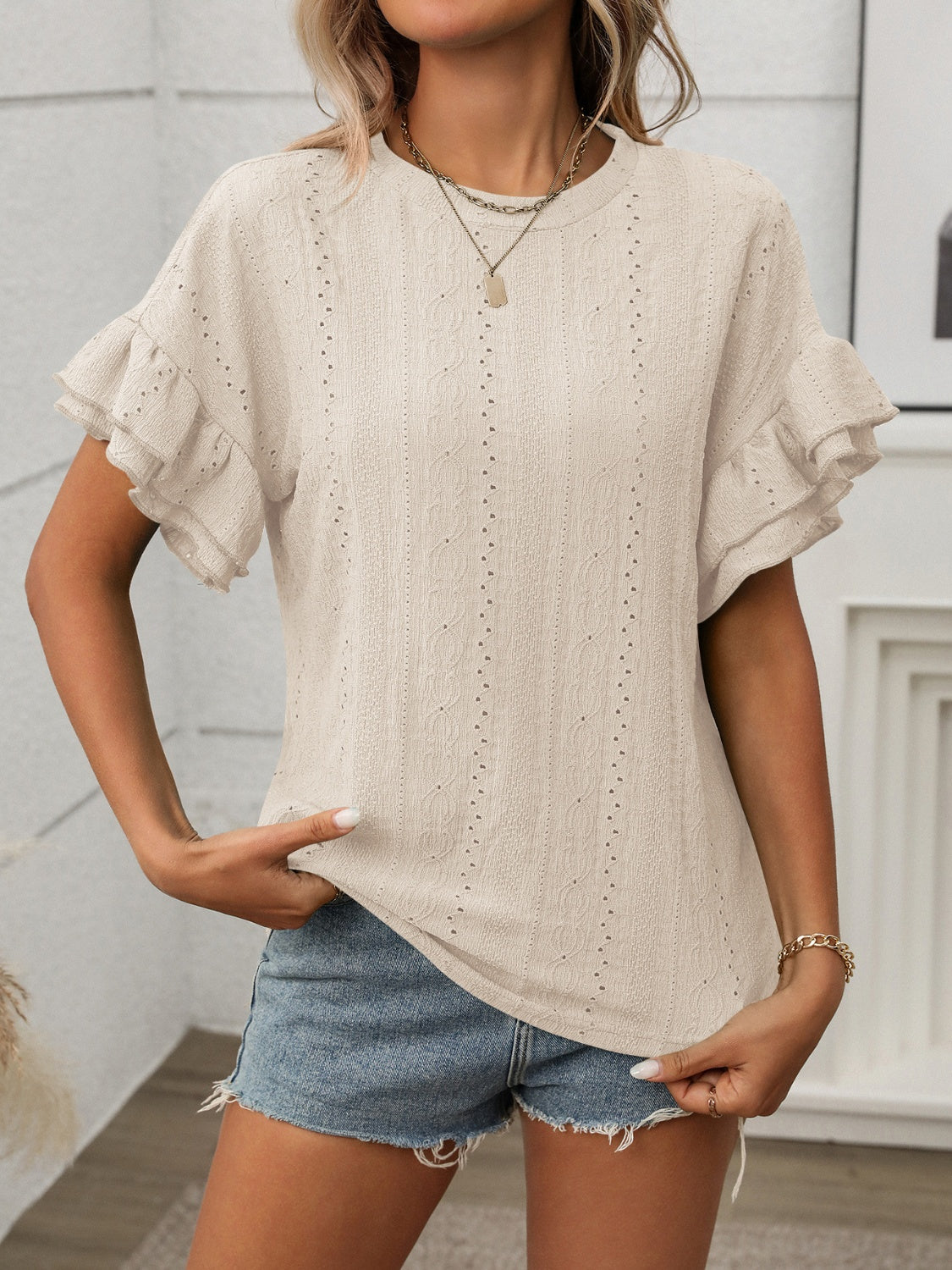 Eyelet Round Neck Flounce Sleeve Top - MyEmpired