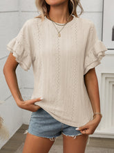 Eyelet Round Neck Flounce Sleeve Top - MyEmpired