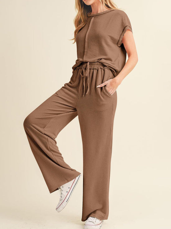 Ribbed Exposed Seam Top and Pants Set - MyEmpired
