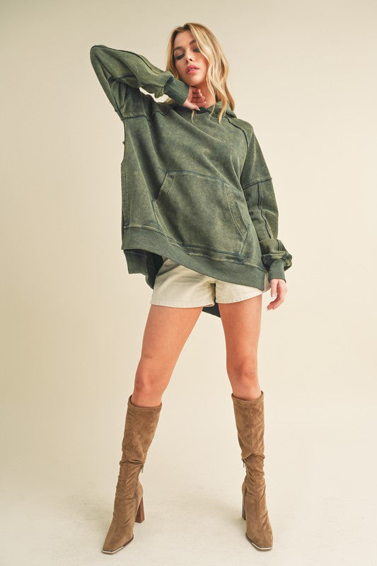 Aemi + Co Exposed Seam Side Slit Hoodie with Kangaroo Pocket - MyEmpired