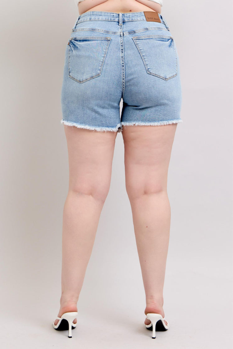 Judy Blue Full Size Tummy Control Raw Hem Denim Shorts Plus Size - MyEmpired