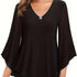 Solid Color V-neck Blouse, Casual Flare Sleeve Layered Hem Top For Spring & Fall, Women&