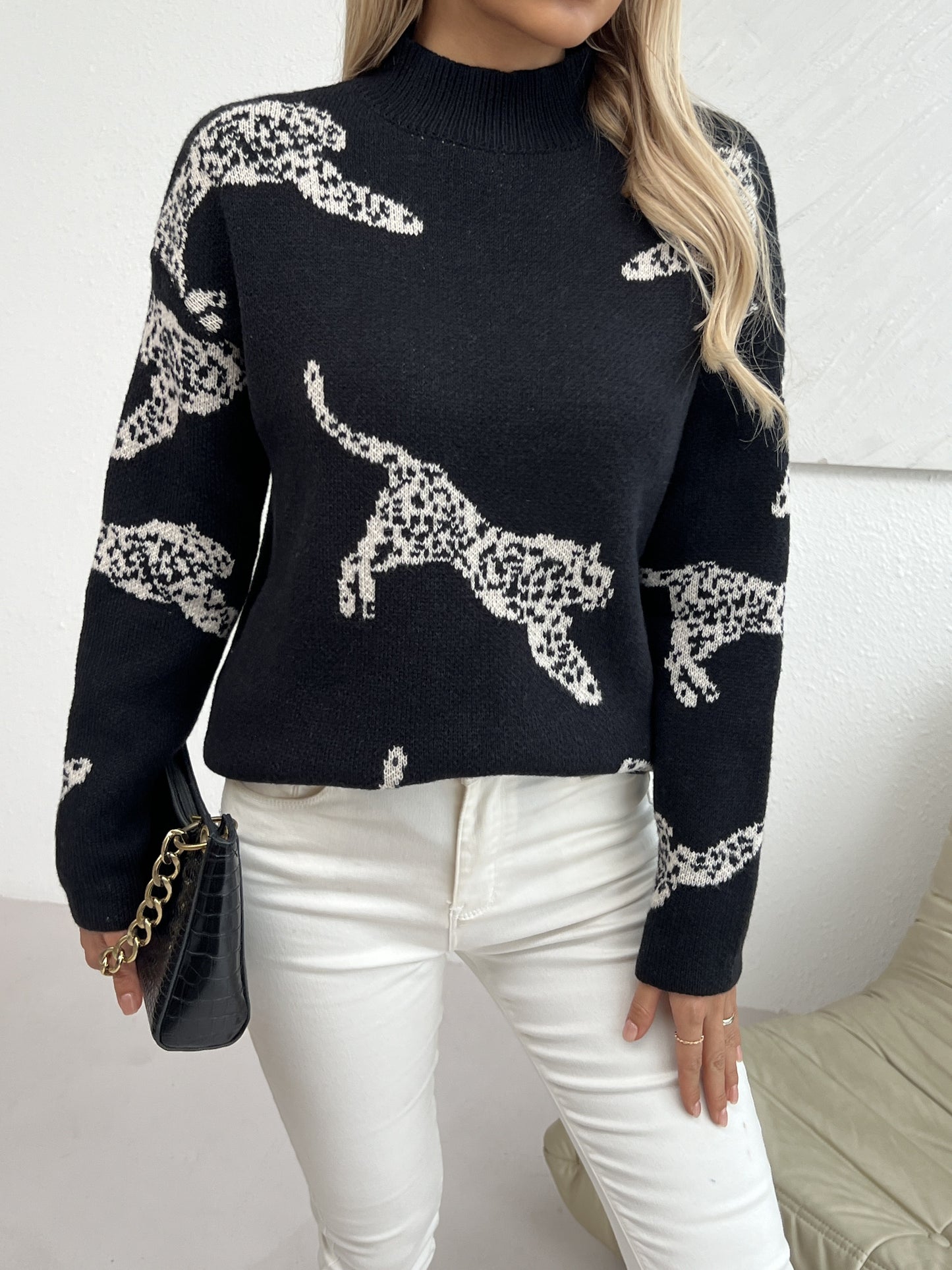 Leopard Pattern Mock Neck Sweater, Elegant Long Sleeve Sweater For Fall & Winter, Women's Clothing