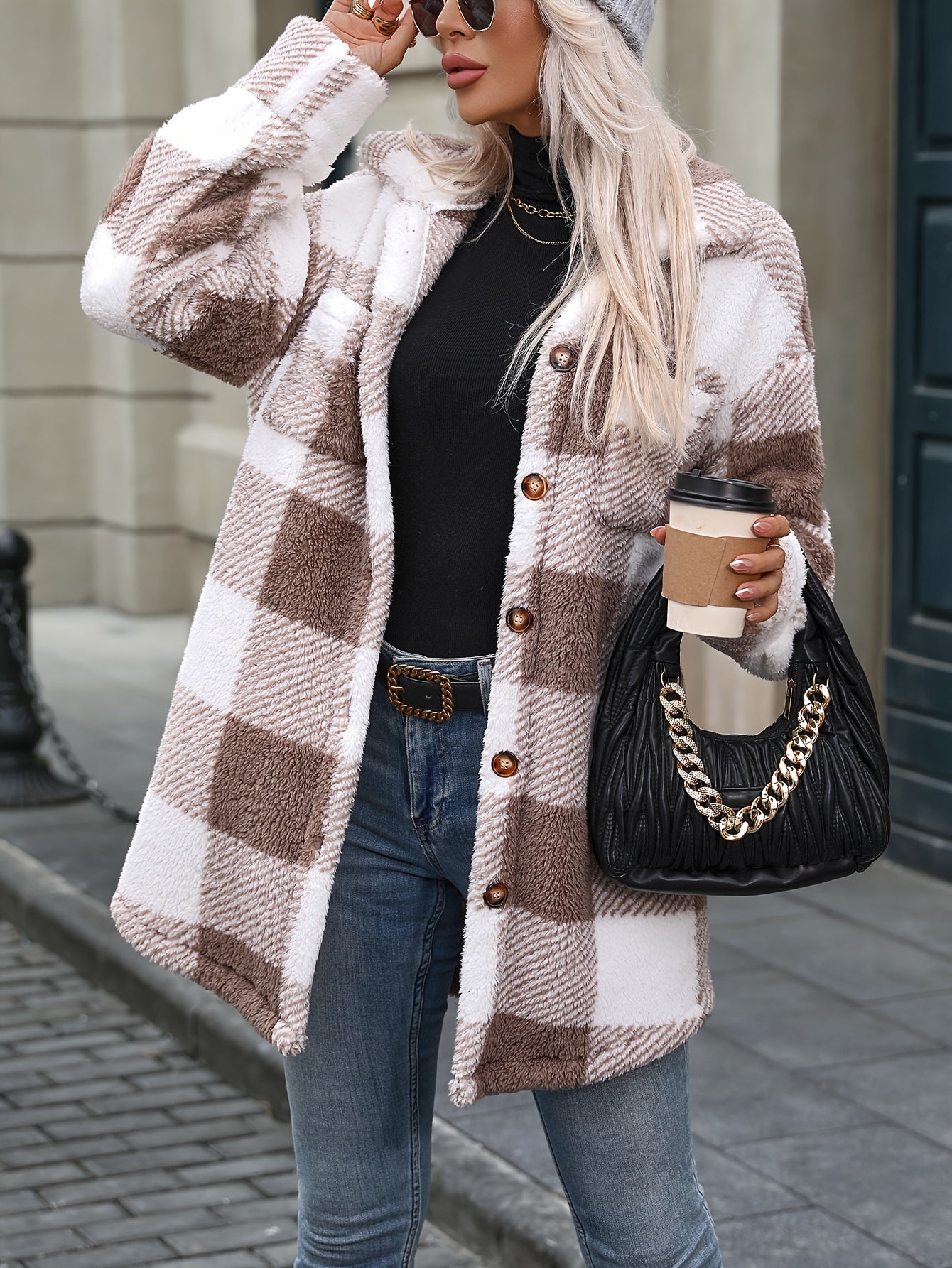 Plaid Pattern Button Front Fuzzy Coat, Elegant Long Sleeve Thermal Outerwear For Fall & Winter, Women's Clothing