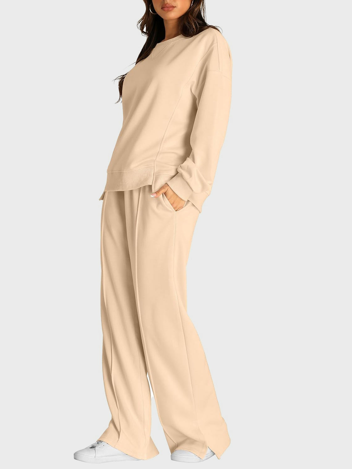 Round Neck Long Sleeve Top and Slit Pants Set - MyEmpired