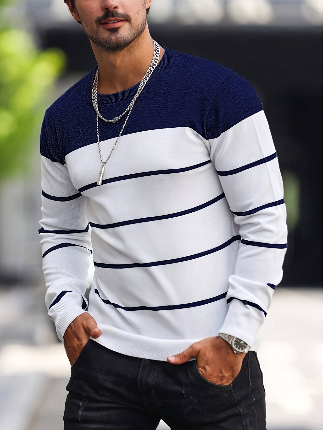 Men's Striped Knitted Pullover, Casual Long Sleeve Crew Neck Sweater For Fall Spring