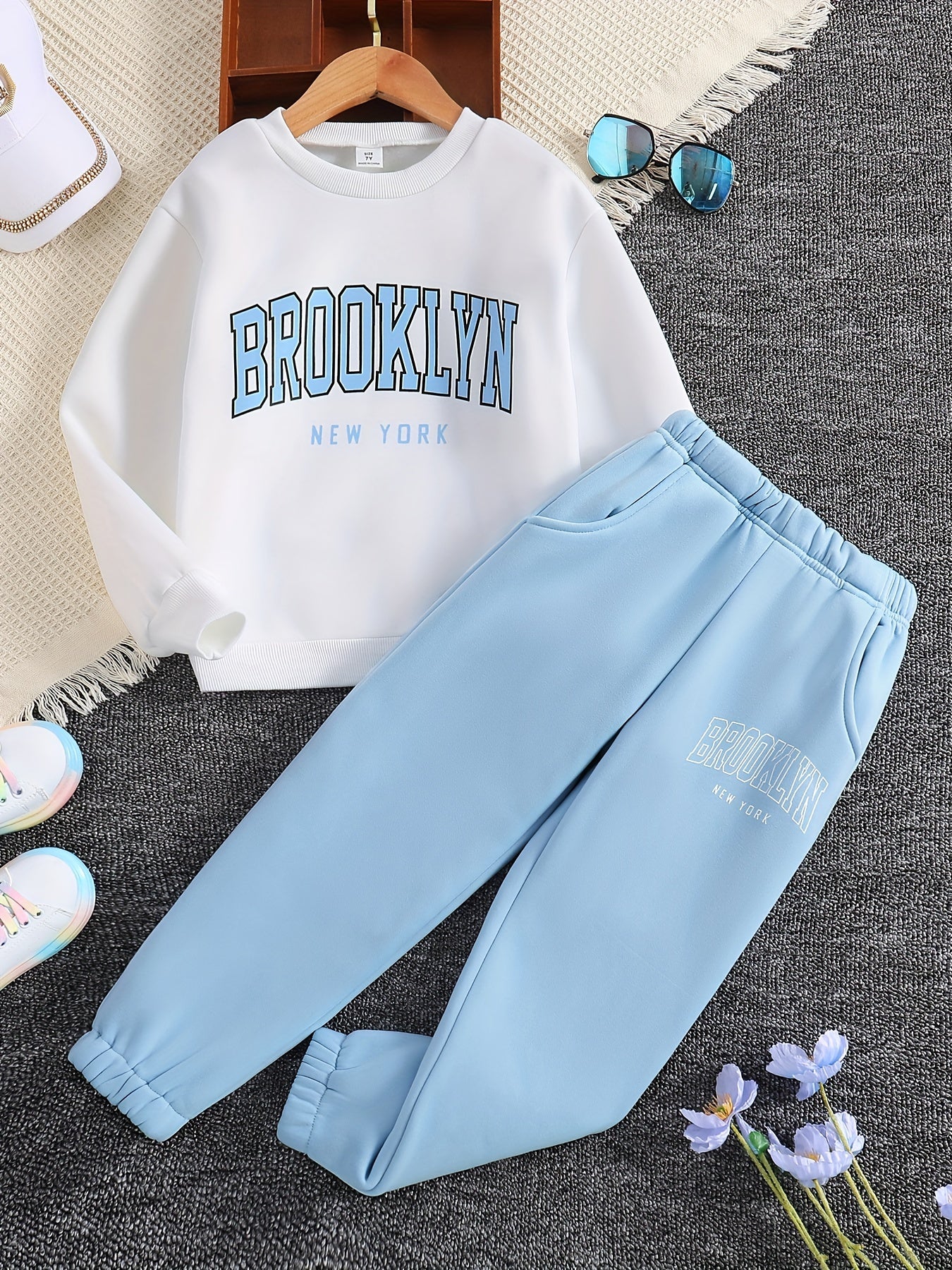 Girls 2pcs, BROOKLYN Print Sweatshirt Top & Jogger Pants With Pocket For Fall Sports Gift Kids outdoor Clothes