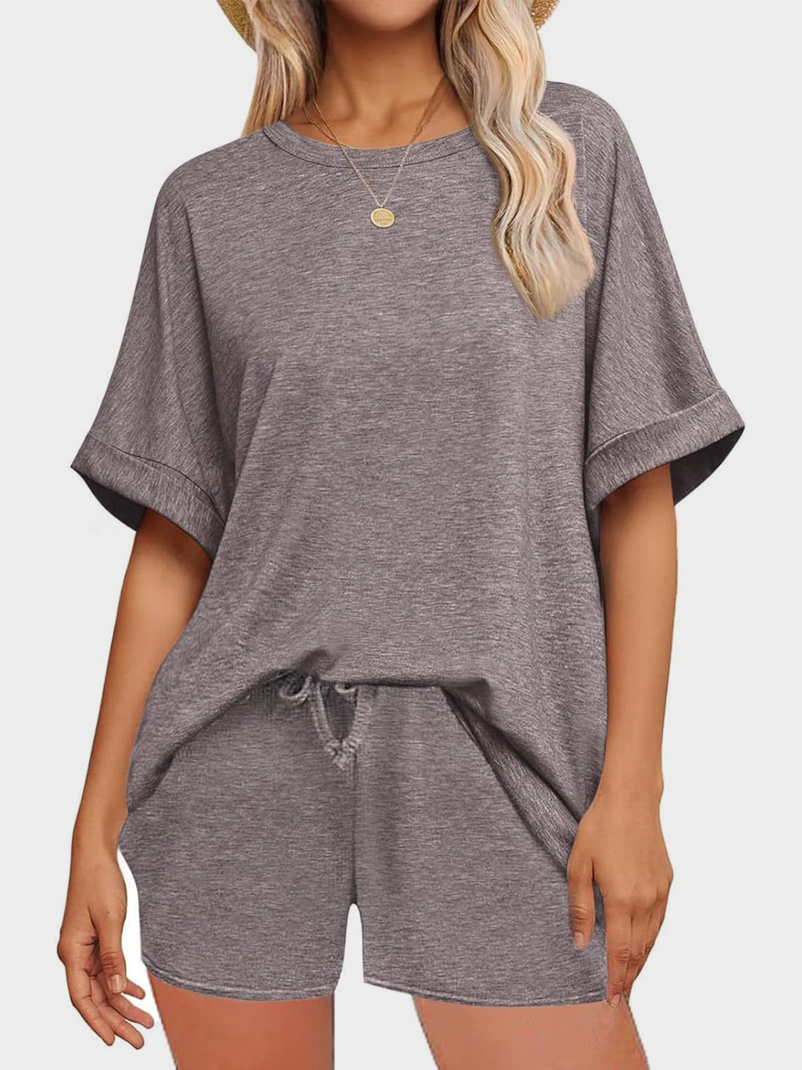 Round Neck T-Shirt and Drawstring Shorts Set - MyEmpired