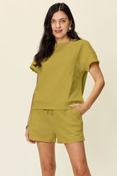 Double Take Full Size Texture Short Sleeve T-Shirt and Drawstring Shorts Set - MyEmpired