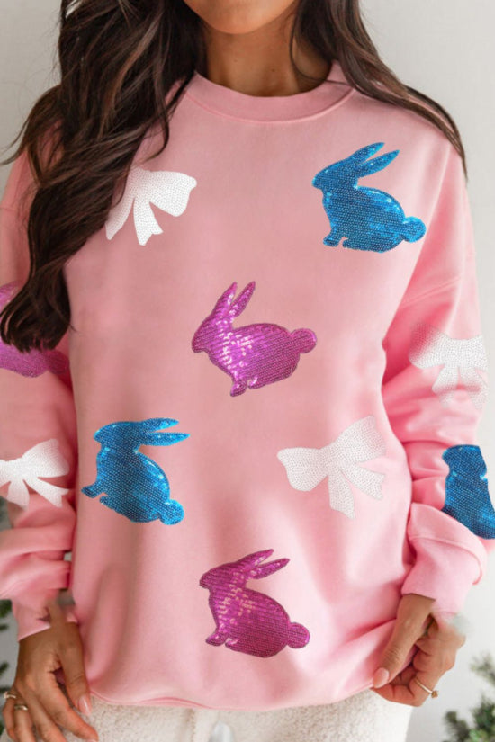 Easter Bunny Bow Knot Sequined Sweatshirt - MyEmpired