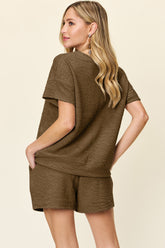 Double Take Full Size Texture Short Sleeve T-Shirt and Drawstring Shorts Set - MyEmpired