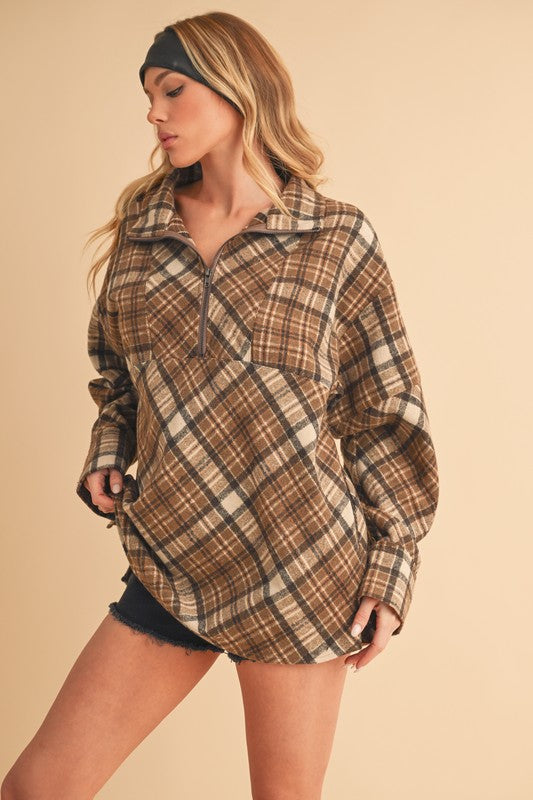 Aemi + Co Slit Plaid Half Zip Drop Shoulder Top - MyEmpired