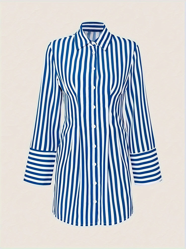 Chic Striped Shirt Dress with Side Pockets - MyEmpired