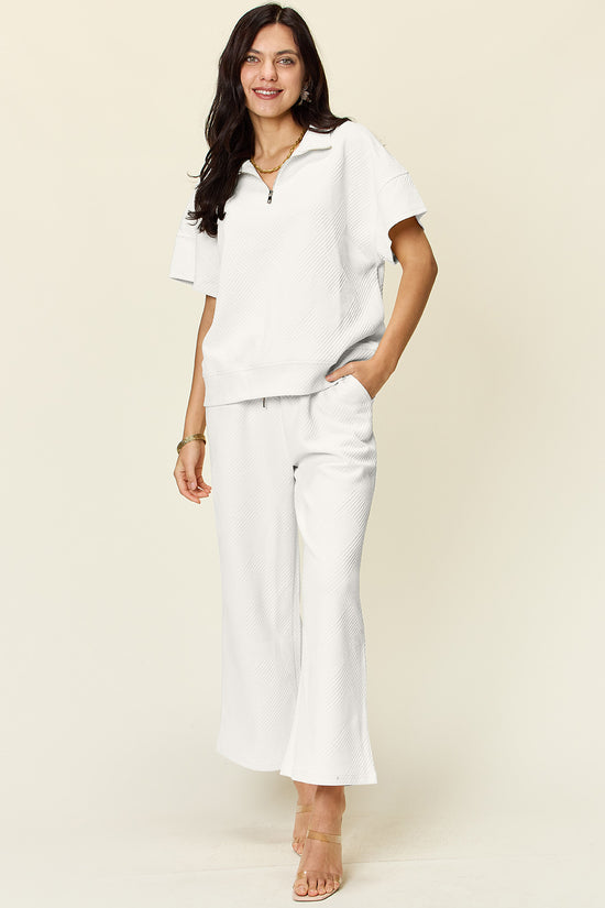 Double Take Full Size Texture Half Zip Short Sleeve Top and Pants Set - MyEmpired