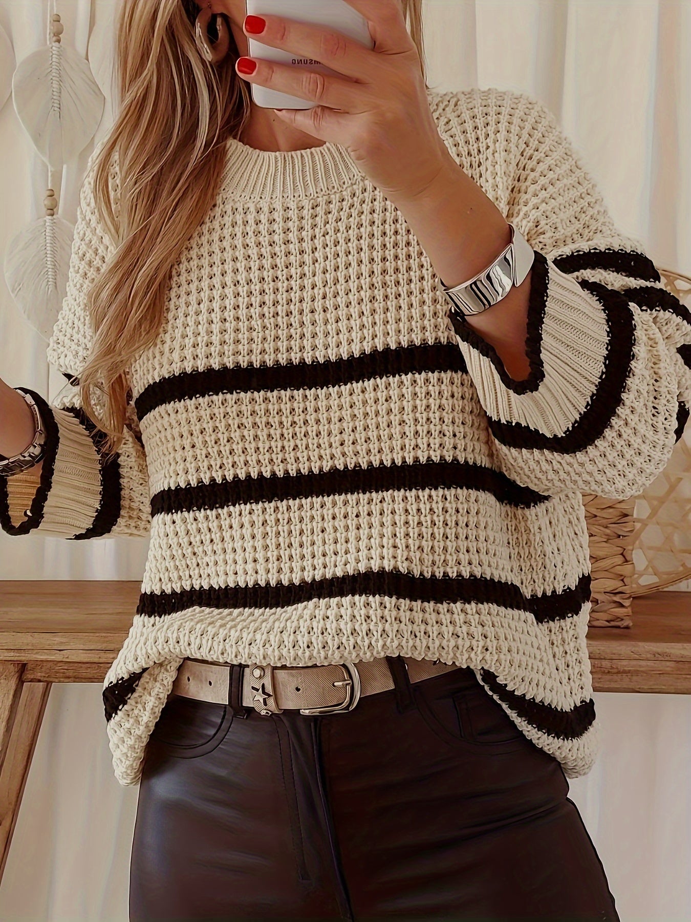 Striped Crew Neck Sweater, Elegant Waffle Knit Long Sleeve Sweater For Fall & Winter, Women's Clothing