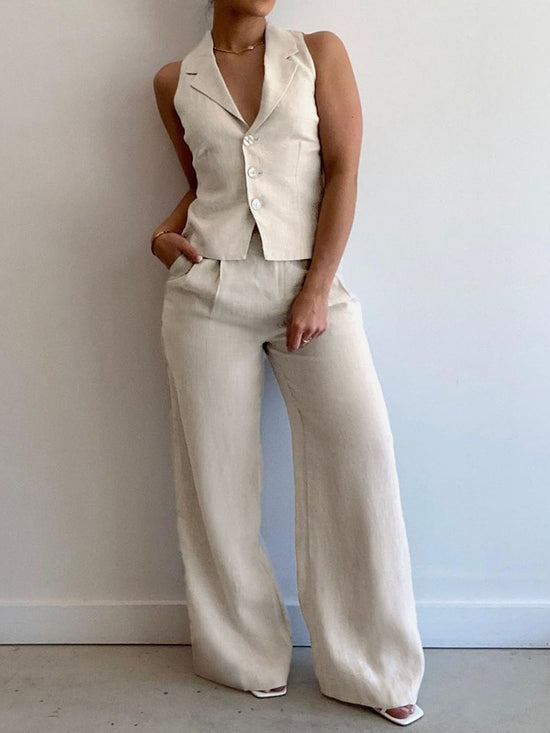 Devine Lapel Collar Sleeveless Top and Pants Set - MyEmpired